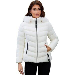 Women's White 100% Polyester Shinny Winter Zip-up Warm Quilted Puffer Jacket